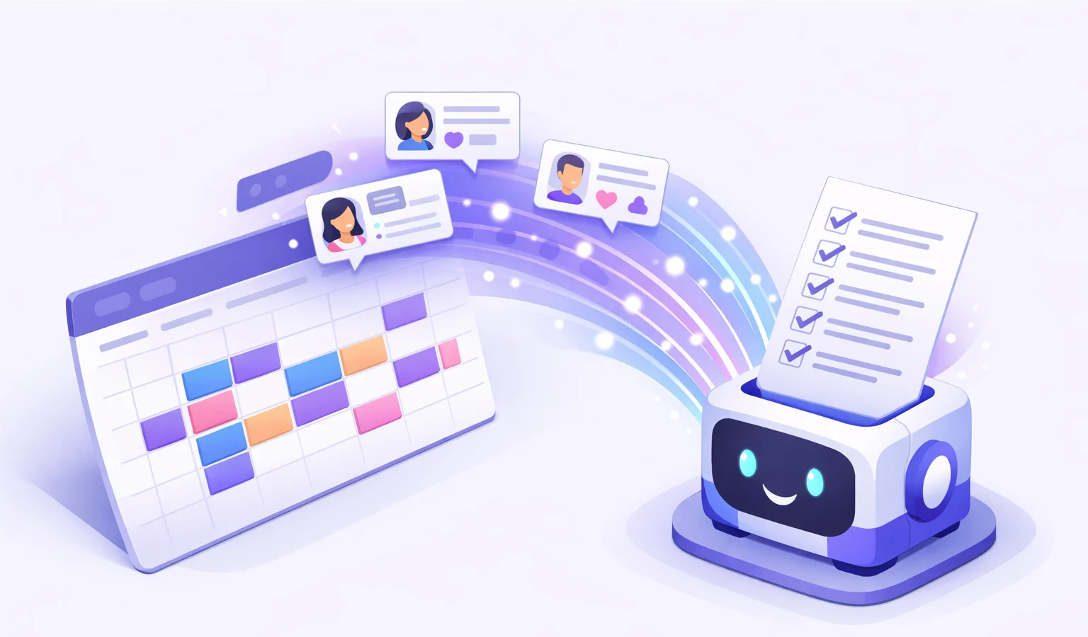 Isometric illustration: calendar events and attendee social posts flowing into an AI agent that outputs a pre-meeting research brief with talking points