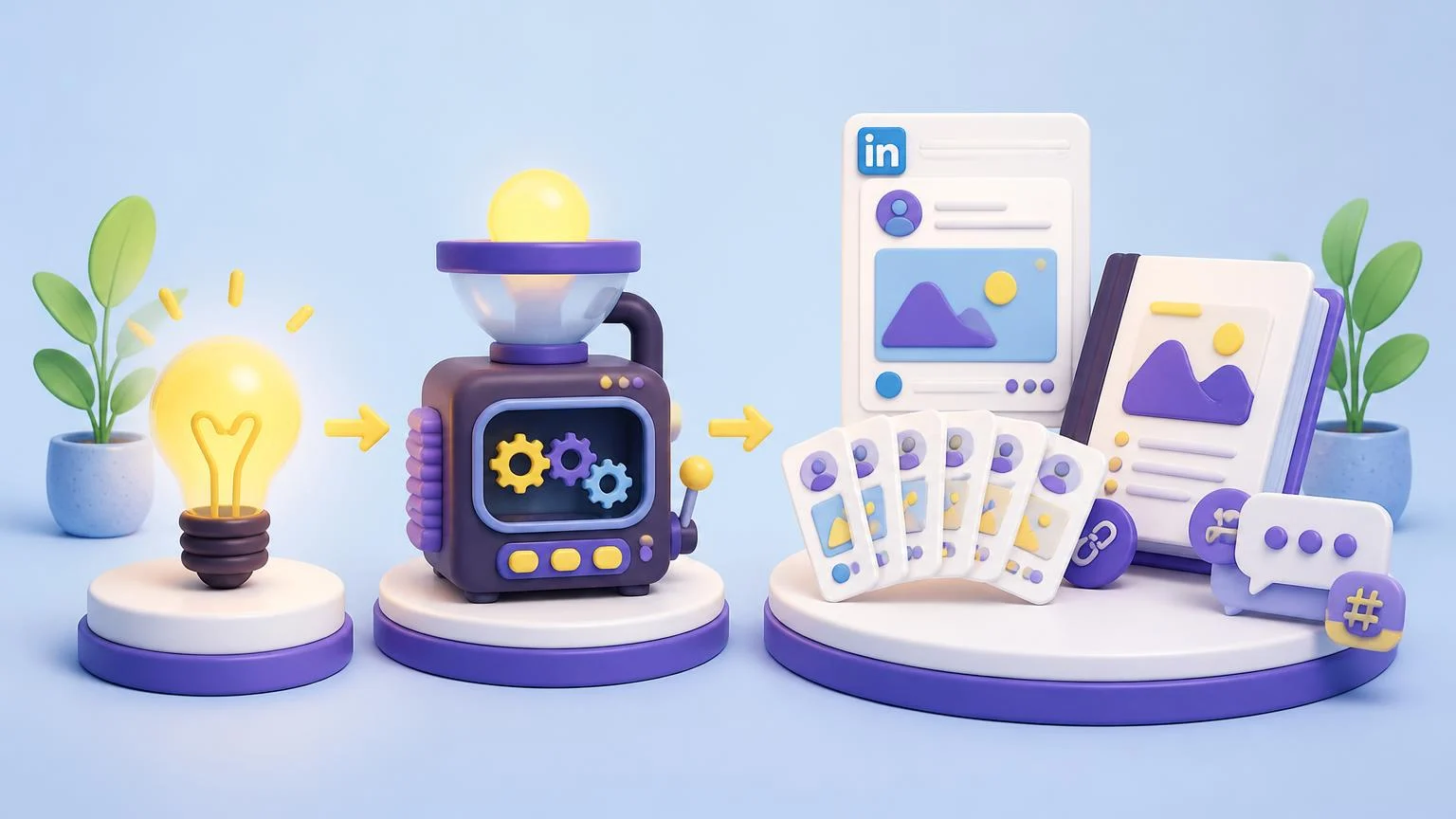 One idea passing through a generator machine into a LinkedIn post with five fanned-out hook cards, a playbook document and a DM kit