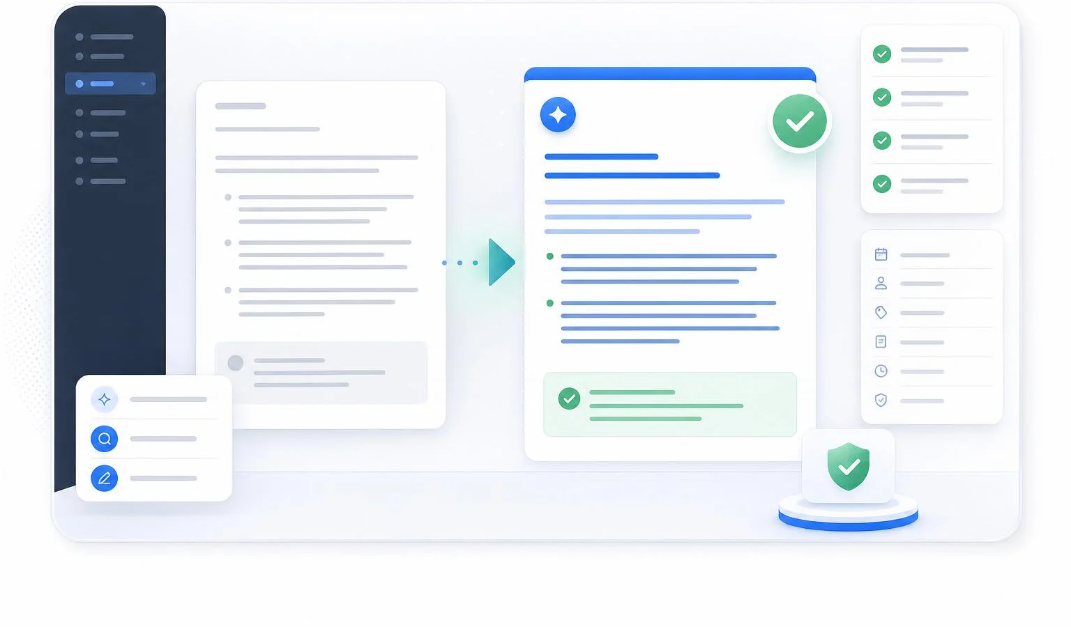 Generated interface illustration showing a draft response becoming a reviewed final response