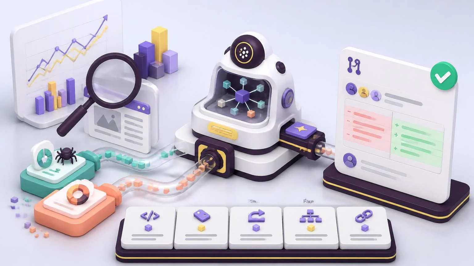 Isometric illustration: search analytics and crawl data flowing into an AI agent that outputs a reviewed GitHub pull request with technical SEO fixes